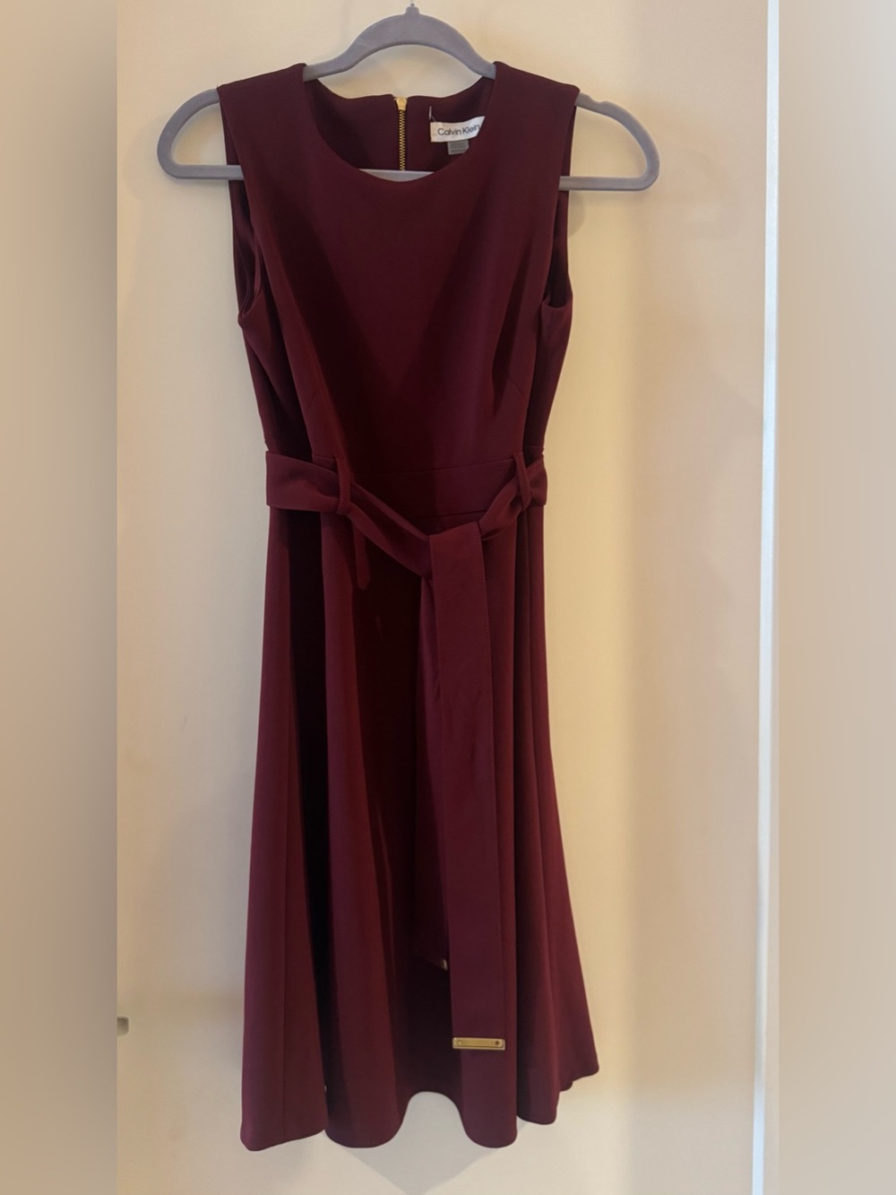 Calvin Klein Sleeveless Burgundy Midi Dress with Waist Tie